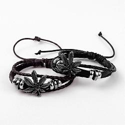 Einstellbar Multi-Strang-Armbänder Lederschnur, mit Legierung Perlen & Topfblatt, Antik Silber Farbe, Mischfarbe, 60 mm (2-3/8 Zoll) 