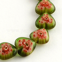 Heart Handmade Millefiori Glass Beads Strands, Olive Drab, 10x10x4mm, Hole: 1mm, about 40pcs/strand, 13.7inch