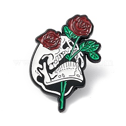 Skull with Rose Enamel Pin, Halloween Alloy Brooch for Backpack Clothes, Electrophoresis Black, Colorful, 28.5x27x1.5mm