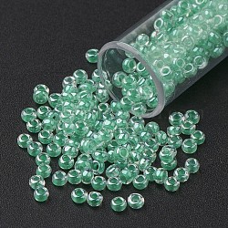 11/0 Grade A Round Glass Seed Beads, Transparent Inside Colours, Luster Plated, Aquamarine, 2.3x1.5mm, Hole: 1mm, about 48500pcs/pound