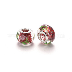 Perles européennes vernissées manuelles, perles de rondelle avec grand trou , avec double noyau en laiton scintillant et poudre de platine, lampwork bosselé, fleur, rouge, 14~15x9~10mm, Trou: 5mm
