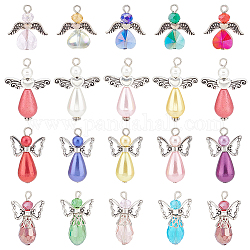 SUNNYCLUE 60Pcs 4 Style Electroplate Glass Pendants, with Wing Alloy Beads and Iron Findings, with ABS Plastic & Acrylic Imitation Pearl Beads, Angel, Mixed Color, 22~33x18~23.5x6~10mm, Hole: 2~3mm, 15pcs/style
