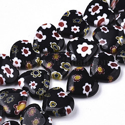 Hilos hechos a mano millefiori lampwork beads, corazón, negro, 11~12x12x4~5mm, agujero: 1 mm, aproximamente 32~33 pcs / cadena, 12.72 pulgada ~ 13.78 pulgadas (32.3~35 cm)