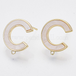 Brass Stud Earring Findings, with Shell and Loop, Nickel Free, Letter C, Creamy White, Real 18K Gold Plated, 16.5x14mm, Hole: 0.9mm, Pin: 0.8mm