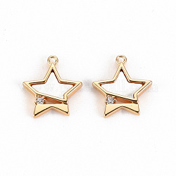 Brass Micro Pave Clear Cubic Zirconia Charms, with Natural Shell, Nickel Free, Star, Real 18K Gold Plated, 12.5x11.5x2mm, Hole: 1mm