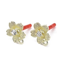 Rack Plating Alloy Flower Stud Earrings Finding, with Rhinestone & Horizontal Loops & 304 Stainless Steel Pin, Cadmium Free & Nickel Free & Lead Free, Golden, 15x13.5mm, Hole: 1mm, Pin: 0.6mm