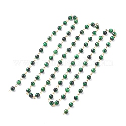 Chaînes de perles teintées et chauffées à la main en œil de tigre naturel de 3.28 pied, avec accessoires en 304 acier inoxydable, non soudée, or, verte, 14x6.5mm