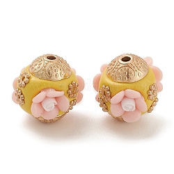 Perles Indonésiennes manuelles, avec les accessoires en alliage et de résine, Rondelle avec des fleurs, rose, 16x16.5x16mm, Trou: 1.8mm