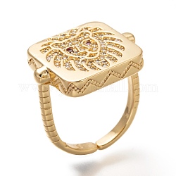 Brass Micro Pave Cubic Zirconia Cuff Rings, Open Rings, Square with Lion, Textured, Cadmium Free & Lead Free, Real 18K Gold Plated, Inner Diameter: 17x15.5mm