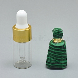 Colgantes de botellas de perfume que se pueden abrir de malaquita sintética facetada, Con Fornituras de latón y botellas de aceite esencial de vidrio, 30~40x14~18x11~14mm, agujero: 0.8 mm, capacidad de la botella de vidrio: 3 ml (0.101 fl. oz), capacidad de piedras preciosas: 1 ml (0.03 onzas líquidas)