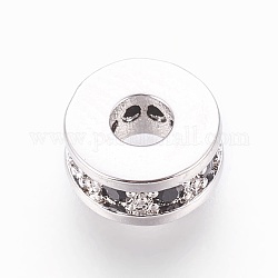 Perles de zircone cubique micro pave en Laiton, plat rond, noir, Platine plaqué réel, 7x3mm, Trou: 2.5mm
