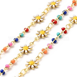 Brass Daisy Flower Link Chains, with Enamel Beaded, Real 18K Gold Plated, Soldered, with Spools, Long-Lasting Plated, Colorful, 12.5x7.5x2mm, 5.5x3x1.8mm