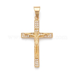Easter 304 Stainless Steel Big Pendants, with Crystal Rhinestone, Crucifix Cross, Golden, 56x33.5x6.5mm, Hole: 7.5x11.5mm