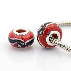 Handmade Lampwork European Large Hole Rondelle Beads, with Silver Plated Brass Double Cores, Dark Red, 14x9mm, Hole: 5mm