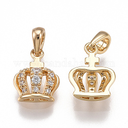 Brass Cubic Zirconia Charms, Crown, Clear, Nickel Free, Real 18K Gold Plated, 11x9x3mm, Hole: 2x3mm