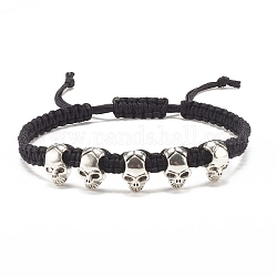 Skull Alloy Braided Bead Bracelet, Halloween Adjustable Bracelet for Women, Antique Silver, Inner Diameter: 2-3/8~3-3/8 inch(5.9~8.7cm)