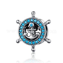 925 Sterling Silber European Beads, große Lochperlen mit Edelsteinimitation, Helm mit Anker, Blau, Platin Farbe