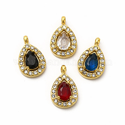 Vacuum Plating 304 Stainless Steel Cubic Zirconia Pendants, with Rhinestone, Teardrop Charms, Mixed Color, 13.5x8.5x4mm, Hole: 1.8mm