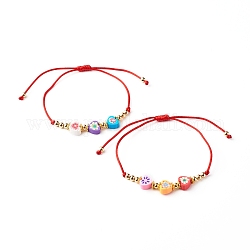 Adjustable Nylon Thread Braided Bracelets, with Polymer Clay Heart Bead and Brass Spacer Beads, Colorful, Red, Inner Diameter: 3/4~3-3/4 inch(1.8~9.5cm)