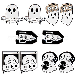 CRASPIRE 10Pcs 5 Styles Ghost with Word & Musical Instruments & Radio & Headset Enamel Pin, Electrophoresis Black Alloy Brooch for Clothes Backpack, White, 17.5~28.5x17~28.5x1.5~1.8mm, 2Pcs/style