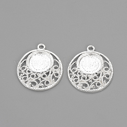 Tibetan Style Alloy Pendant Cabochon Settings, Flat Round, Silver Color Plated, Tray: 12mm, 29~30x25~26x3mm, Hole: 2mm