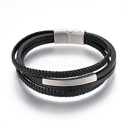 Bracelets multi-brins tressés en microfibre avec cordon en cuir PU, avec fermoirs magnétiques en 304 acier inoxydable, couleur inoxydable, 8-1/4 pouce (21 cm), 4~5mm