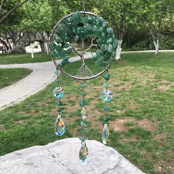Metal Wire Wrapped Natural Green Aventurine Chips Flat Round with Tree of Life Pendant Decorations. Hanging Suncatchers, with Glass Teardrop Charm, 300x80mm