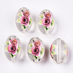 Perle di vetro trasparenti stampate e verniciate a spruzzo, ovale con motivo floreale, chiaro, 15x10mm, Foro: 1.6 mm