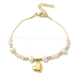 Placcatura ionica (ip) 304 braccialetti con ciondoli a forma di cuore in acciaio inossidabile, braccialetti di perle naturali da donna, vero placcato oro 14k, 7-1/8 pollice (18.2 cm)