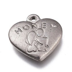 Pendentifs en acier inoxydable saint valentin 304, coeur avec mot miel et amoureux, couleur inoxydable, 16.5x17x3.5mm, Trou: 1.7mm