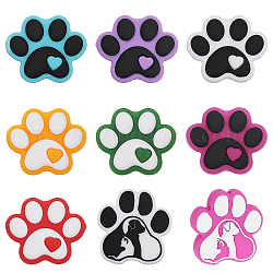 CHGCRAFT 9Pcs 9 Style Dog Paw Print Food Grade Eco-Friendly Silicone Beads, Chewing Beads For Teethers, DIY Nursing Necklaces Making, Mixed Color, 24~30x27~29.5x8~8.5mm, Hole: 2~2.5mm, 1pc/style