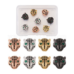 Kissitty 8Pcs 4 Colors Brass Micro Pave Black & Green Cubic Zirconia, DIY Accessories for Jewelry Making, Leopard Head, Mixed Color, 11x11x6mm, Hole: 1mm, 2pcs/color