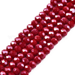 FilI di perline in vetro placcato, lustro di perla placcato, sfaccettato, rondelle, rosso scuro, 4x3mm, Foro: 0.4 mm, circa 123~127pcs/filo, 16.5~16.9 pollice (42~43 cm)
