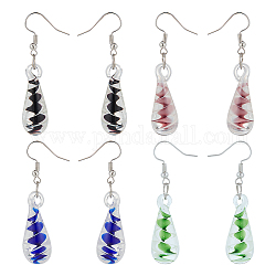 4 par de aretes colgantes de lágrima de vidrio de 4 colores con diseño en espiral de fibloom, joyas de hierro para mujer, color mezclado, 53mm, pin: 0.7 mm, 1 par / color