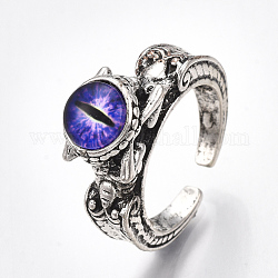 Сплав манжеты кольца пальцев, со стеклом, широкая полоса кольца, драконий глаз, античное серебро, синий фиолетовый, размер США 8 1/2 (18.5 мм)