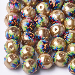 Printed & Spray Painted Imitation Pearl Glass Beads, Round with Flower Pattern, Dark Goldenrod, 10~10.5x9.5mm, Hole: 1.6mm
