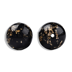 Perles de résine opaques, une feuille d'or, ronde, noir, 20mm, Trou: 2~2.4mm