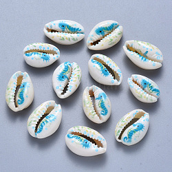 Perlas de concha de cowrie impresas, sin agujero / sin perforar, patrón de caballo de mar, cielo azul profundo, 17.5~21.5x12~14.5x5.5~7.5mm