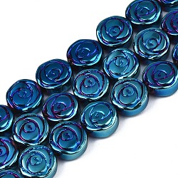 Brin de perles de verre opaque galvanoplastie, plat rond avec la fleur rose, bleu plaqué, 10x4mm, Trou: 0.9mm, Environ 65~66 pcs/chapelet, 24.80 pouce ~ 25.20 pouces (63~64 cm)