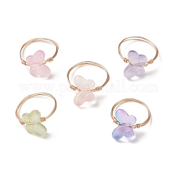 Glass Butterfly Beaded Finger Rings, Light Gold Copper Wire Wrap Jewelry for Women, Mixed Color, US Size 6 1/2(16.9mm)