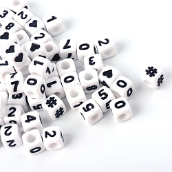 Opaque Acrylic European Beads, Large Hole Beads, Cube with Number, White, 6.5~7x6.5~7x6.5~7mm, Hole: 4mm, about 1700pcs/500g