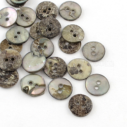 2-отверстие кнопки плоские круглые морские раковины, серые, 13~14x1~2 мм, отверстие : 1~2 мм