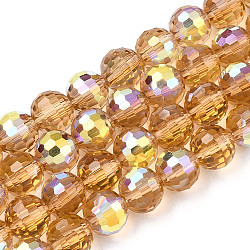 Transparentes perles de verre de galvanoplastie brins, facette, demi couleur ab plaqué, ronde, verge d'or, 8x7~7.5mm, Trou: 1.0mm, environ 71~72 pcs / brin, 20.20~21.85 pouce (51.3~55.5 cm)