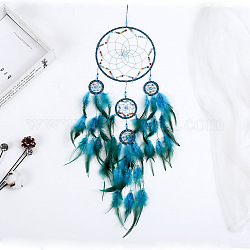Rete/ragnatela intrecciata in filo di seta con decorazione pendente di piume, con anello di ferro e perline, rotondo e piatto, Blue Marine, 85~90x20cm
