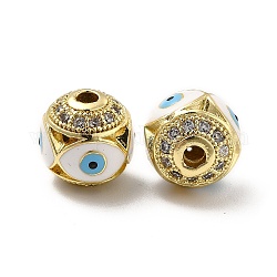 Messing Mikro ebnen Zirkonia Perlen, rund mit emailliertem bösen Blick, echtes 18k vergoldet, weiß, 10x9.5 mm, Bohrung: 1.6 mm