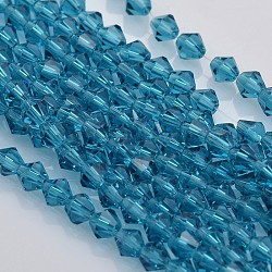 Faceted Bicone Glass Beads Strands, Deep Sky Blue, 4x4mm, Hole: 1mm, about 92~96pcs/strand, 13.78~14.37 inch