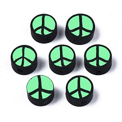 Бусины из полимерной глины , плоские круглые с знаком мира, весенний зеленый, 9~10x4.5 мм, отверстие : 1.6 мм