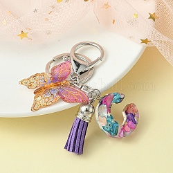 Porte-clés lettre en résine et breloques papillon en acrylique, Porte-clés pendentif pompon avec fermoir porte-clés en alliage, lettre c, 9 cm