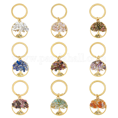 Wholesale Gemstone Chip Tree of Life Pendant Keychain with Tibetan Style  Alloy Charm and Brass Keychain Clasps 