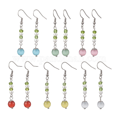 6 пара сережек-подвесок «кошачий глаз» EJEW-JE06491-1